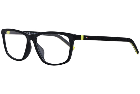 tommy hilfiger rectangle black with neon green eyeglasses frame viewed from a 45-degree angle.