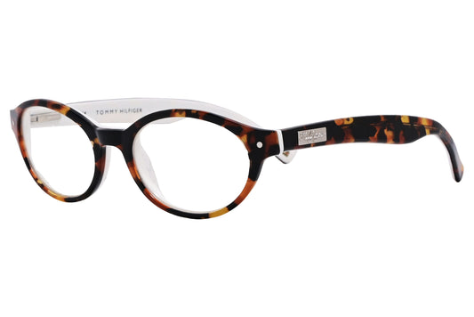 tommy hilfiger oval tortoise with white eyeglasses frame viewed from a 45-degree angle.