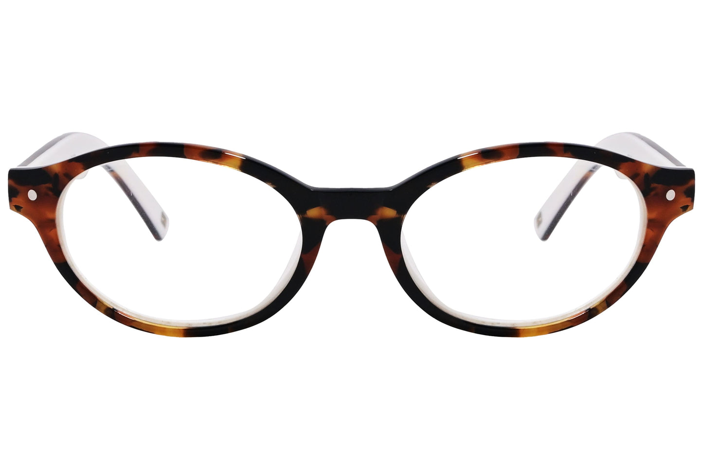 tommy hilfiger oval tortoise with white eyeglasses frame viewed from front angle.