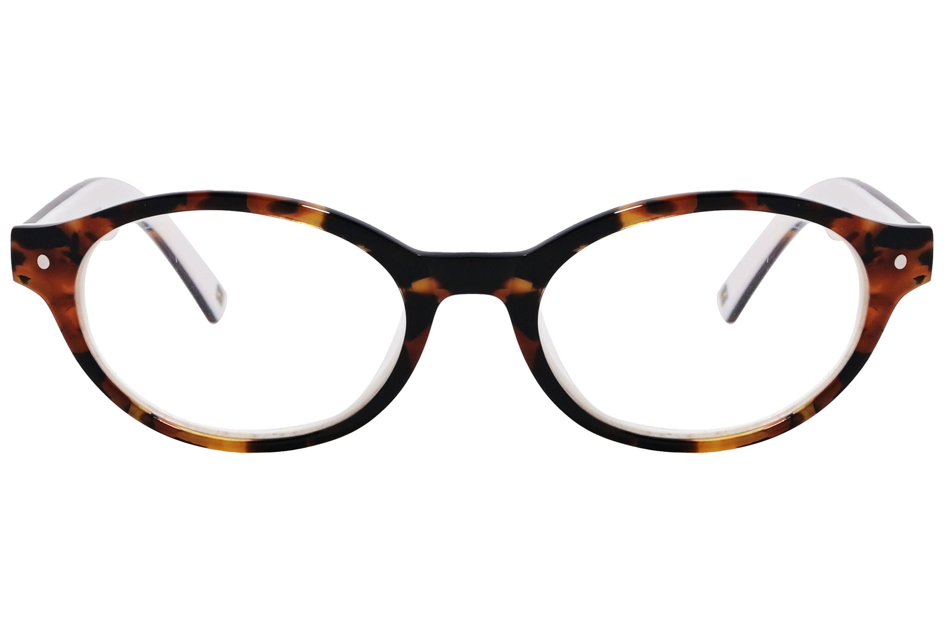 tommy hilfiger oval tortoise with white eyeglasses frame viewed from front angle.