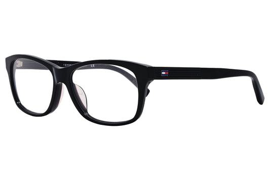 tommy hilfiger wayfarer black eyeglasses frame viewed from a 45-degree angle.