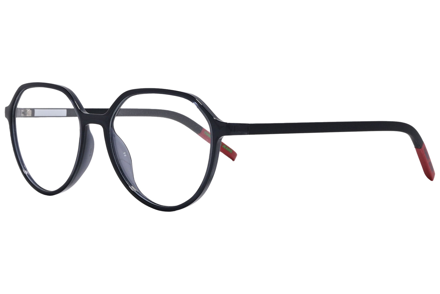 tommy hilfiger geometric black with red eyeglasses frame viewed from a 45-degree angle.