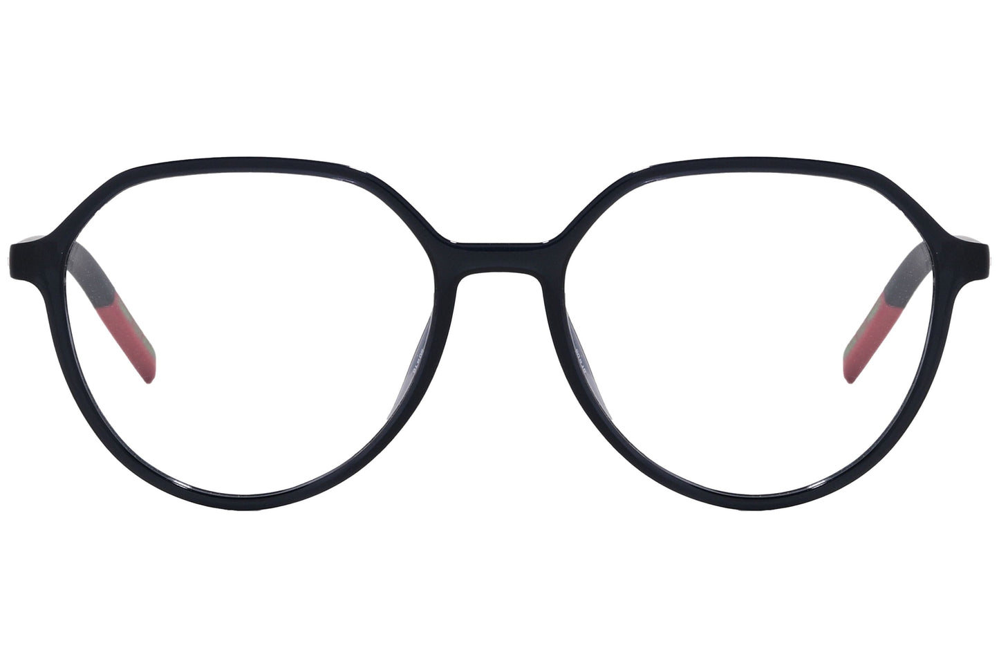 tommy hilfiger geometric black with red eyeglasses frame viewed from front angle.