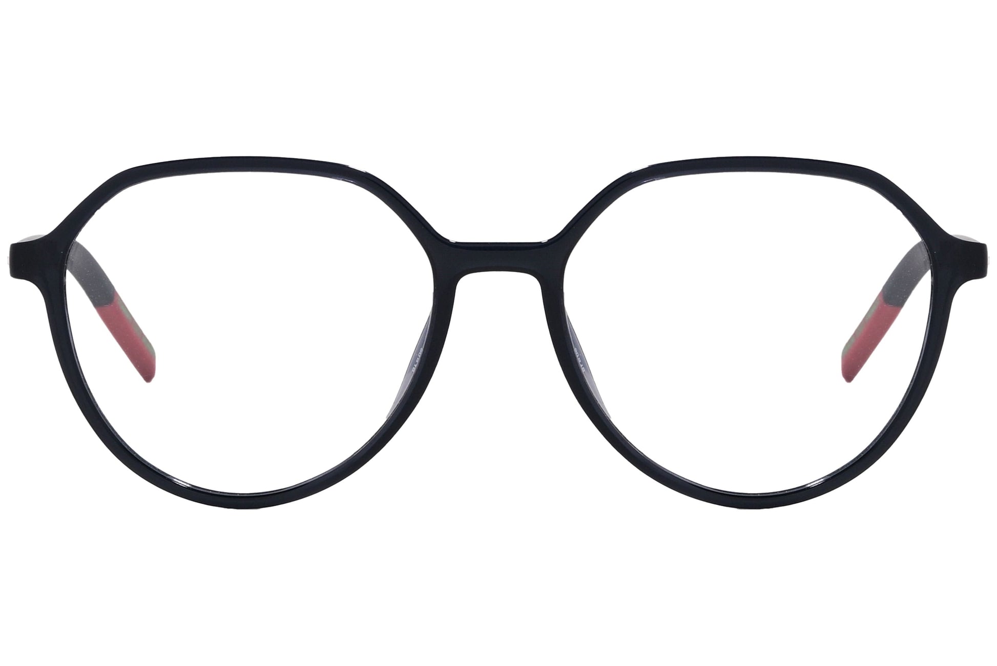 tommy hilfiger geometric black with red eyeglasses frame viewed from front angle.