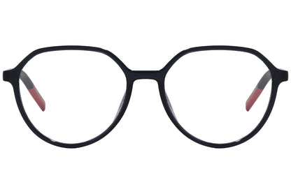 tommy hilfiger geometric black with red eyeglasses frame viewed from front angle.