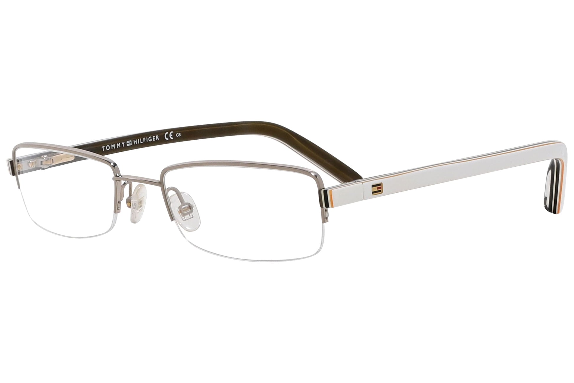 tommy hilfiger rectangle white eyeglasses frame viewed from a 45-degree angle.