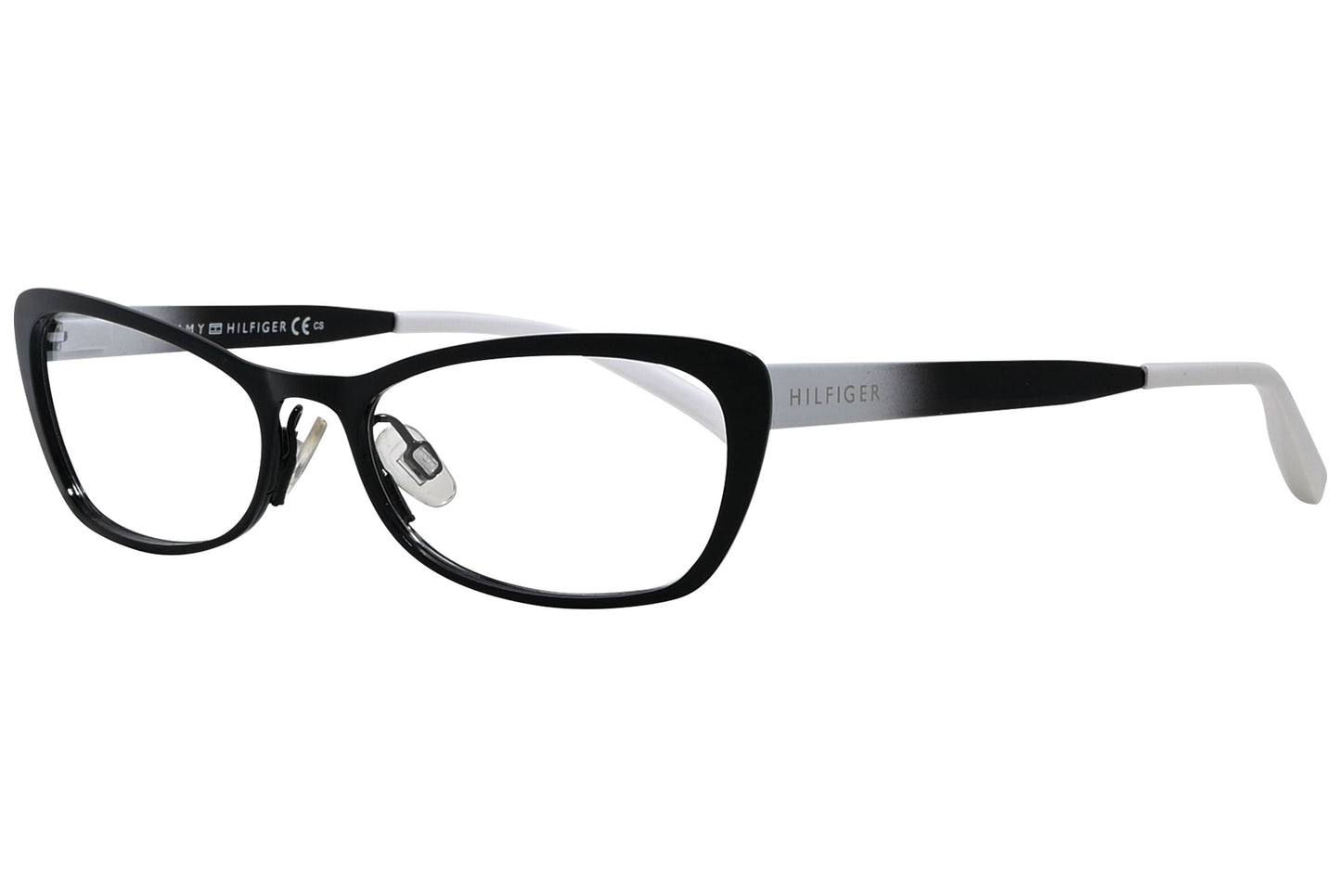 tommy hilfiger cat-eye multicolored eyeglasses frame viewed from a 45-degree angle.