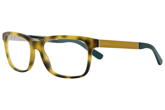 tommy hilfiger wayfarer yellow eyeglasses frame viewed from a 45-degree angle.