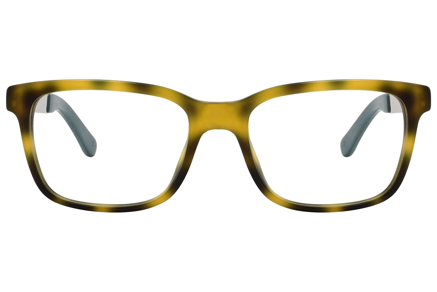 tommy hilfiger wayfarer yellow eyeglasses frame viewed from front angle.