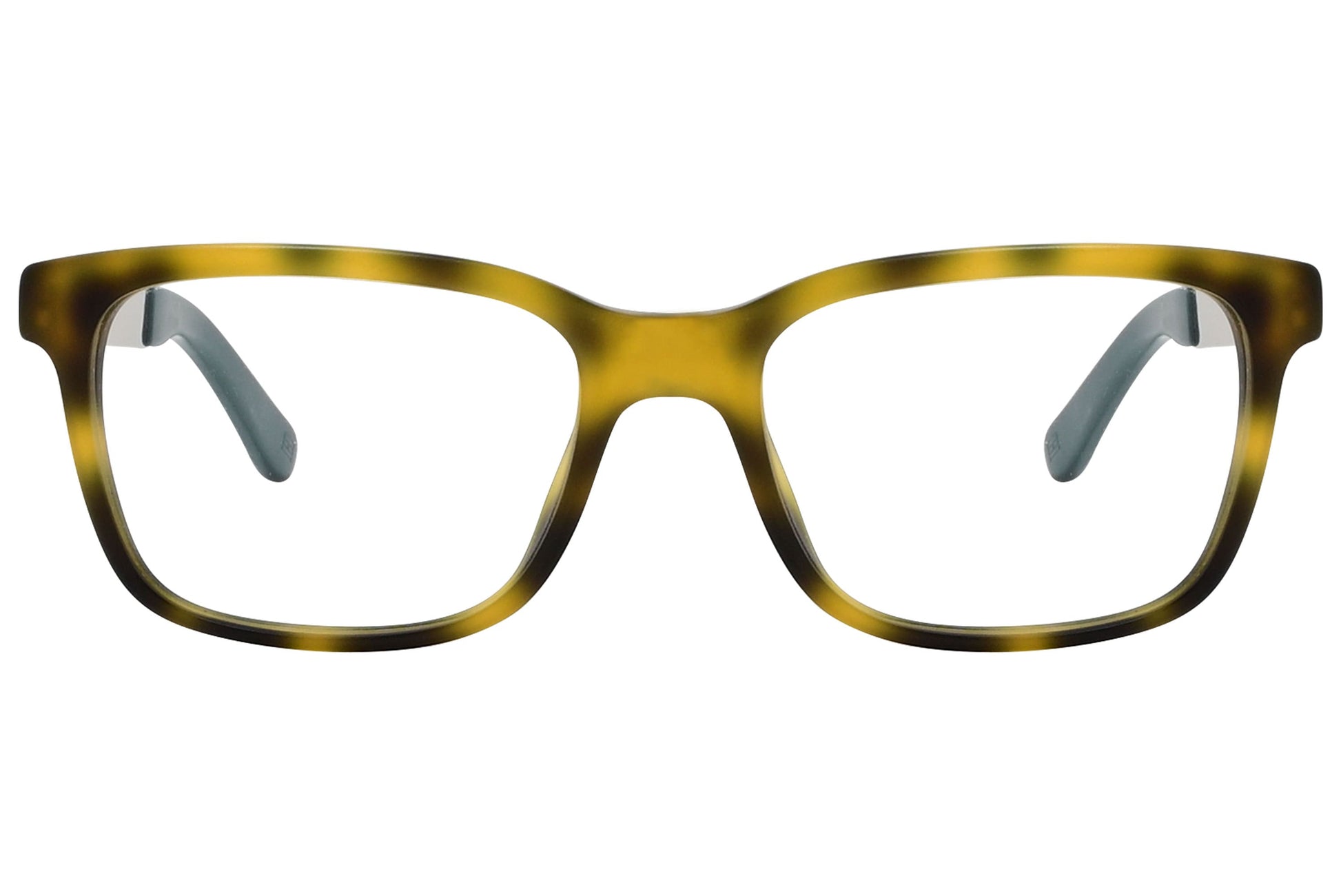 tommy hilfiger wayfarer yellow eyeglasses frame viewed from front angle.