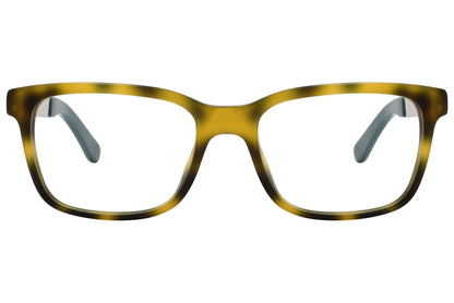 tommy hilfiger wayfarer yellow eyeglasses frame viewed from front angle.