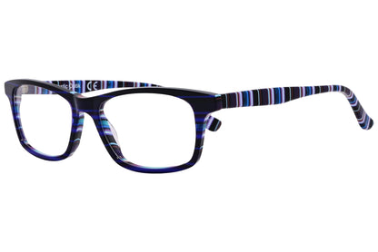 rectangle black with blue eyeglasses frame viewed from a 45-degree angle.