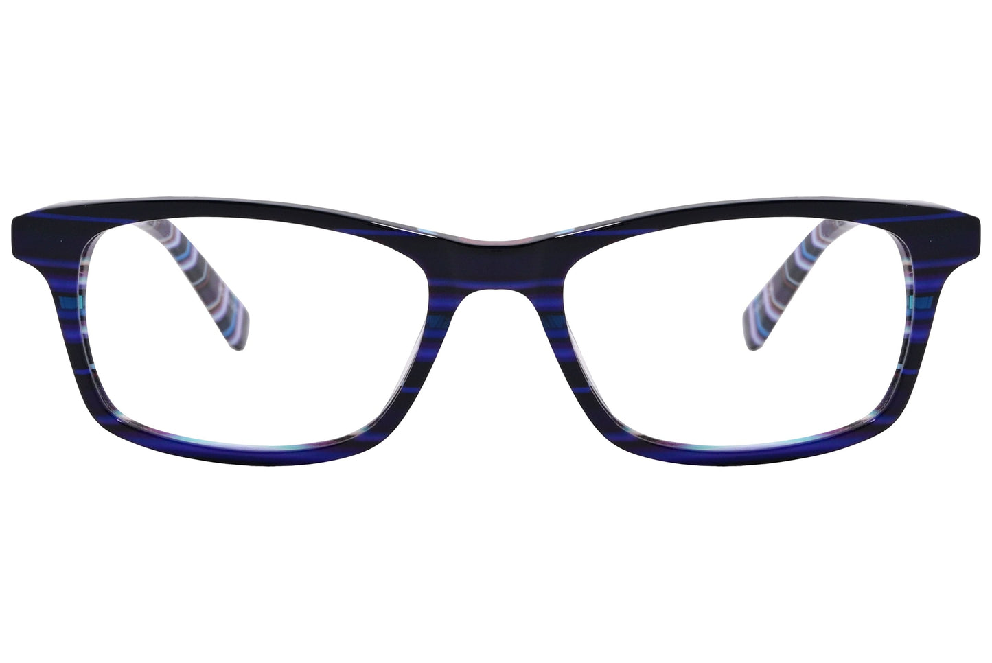 rectangle black with blue eyeglasses frame viewed from front angle.