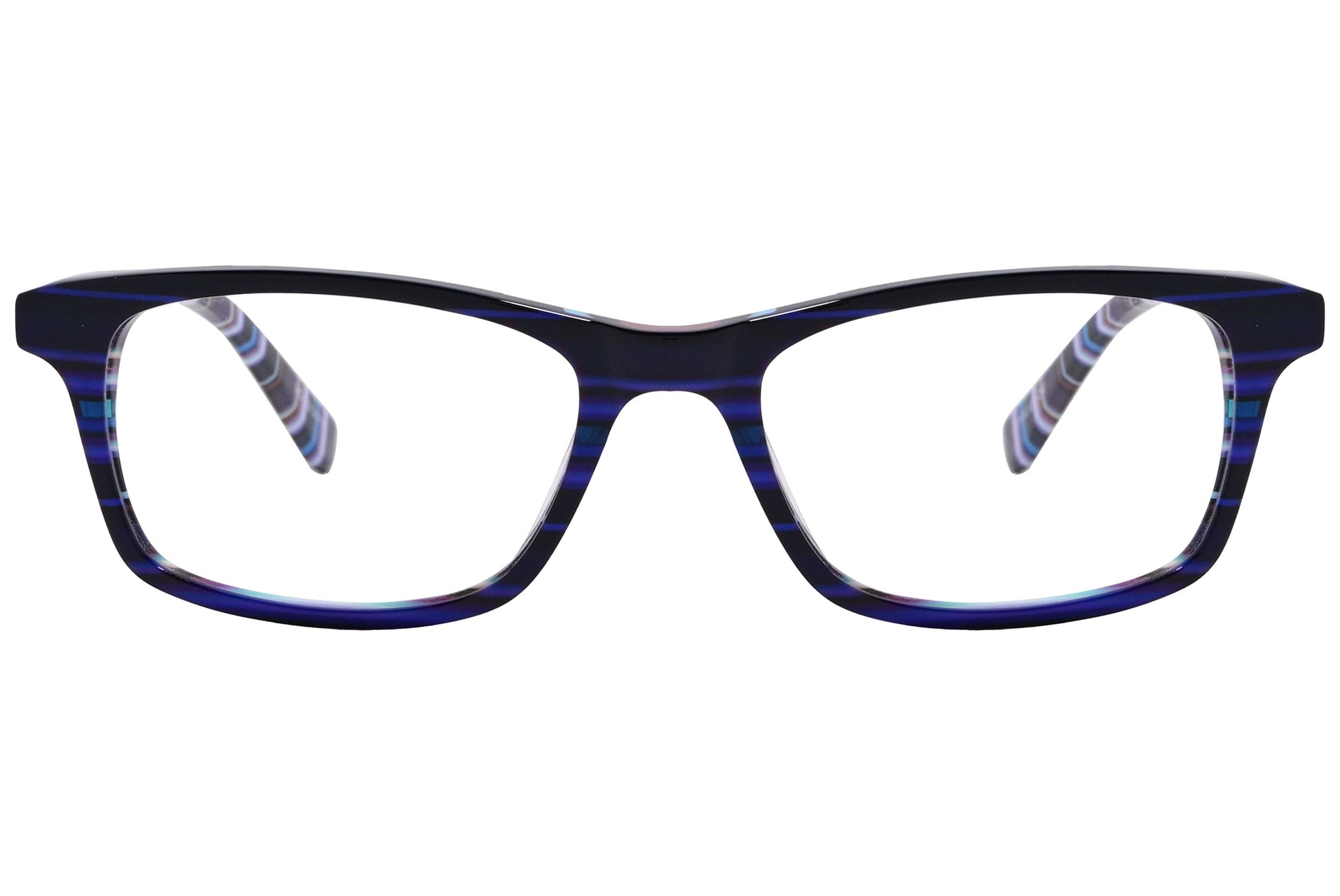 rectangle black with blue eyeglasses frame viewed from front angle.