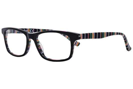 rectangle black with stripes eyeglasses frame viewed from a 45-degree angle.