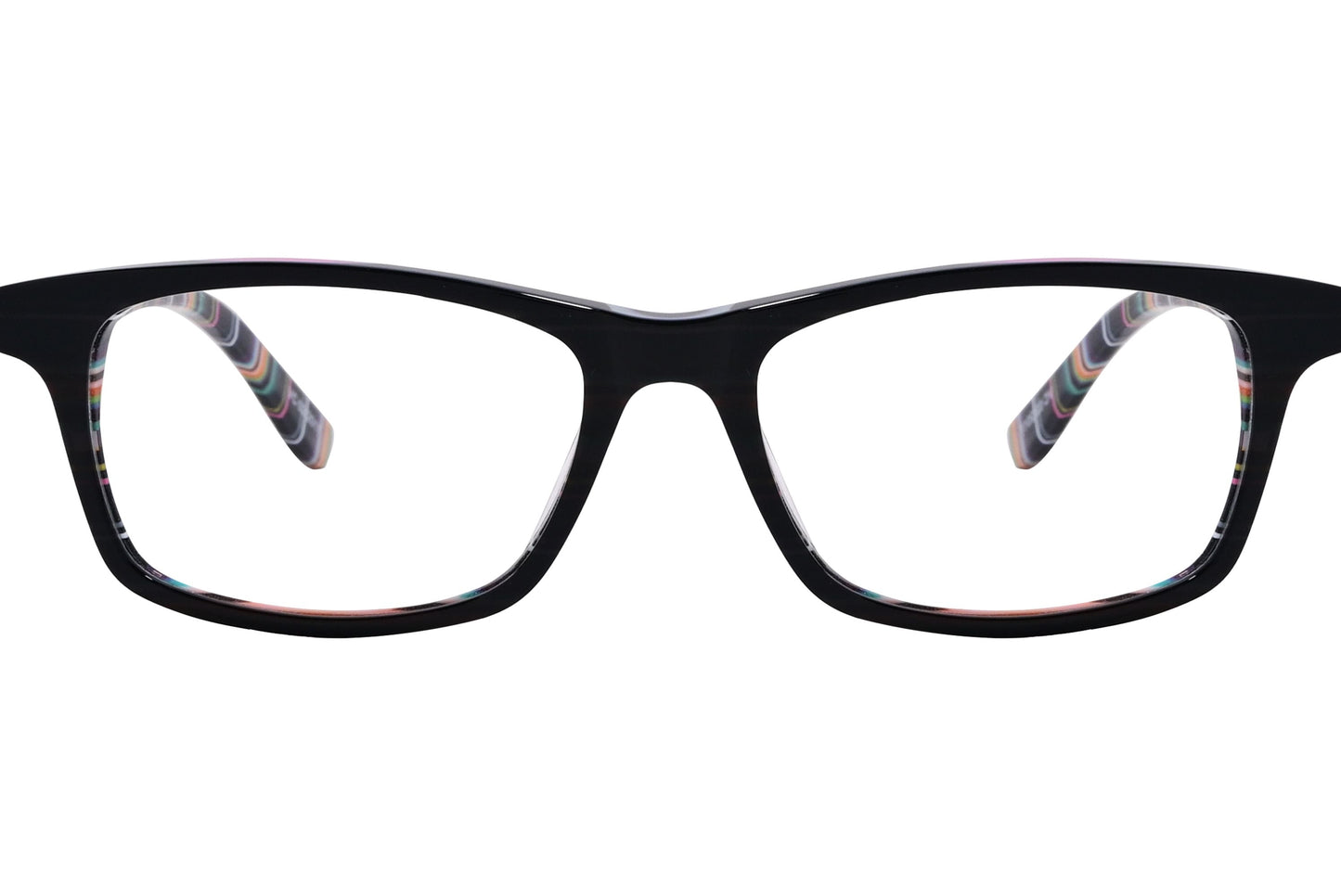 rectangle black with stripes eyeglasses frame viewed from front angle.