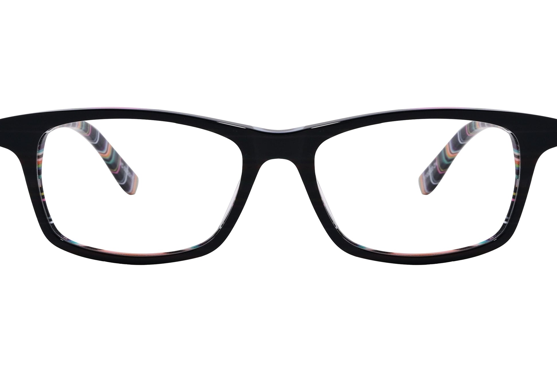 rectangle black with stripes eyeglasses frame viewed from front angle.