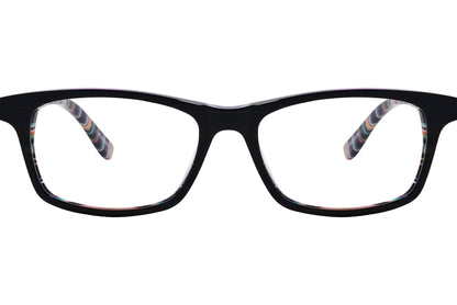 rectangle black with stripes eyeglasses frame viewed from front angle.