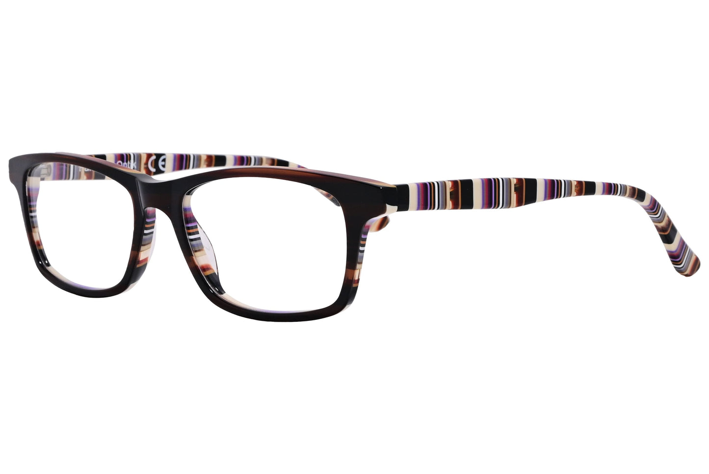 rectangle brown with stripes eyeglasses frame viewed from a 45-degree angle.