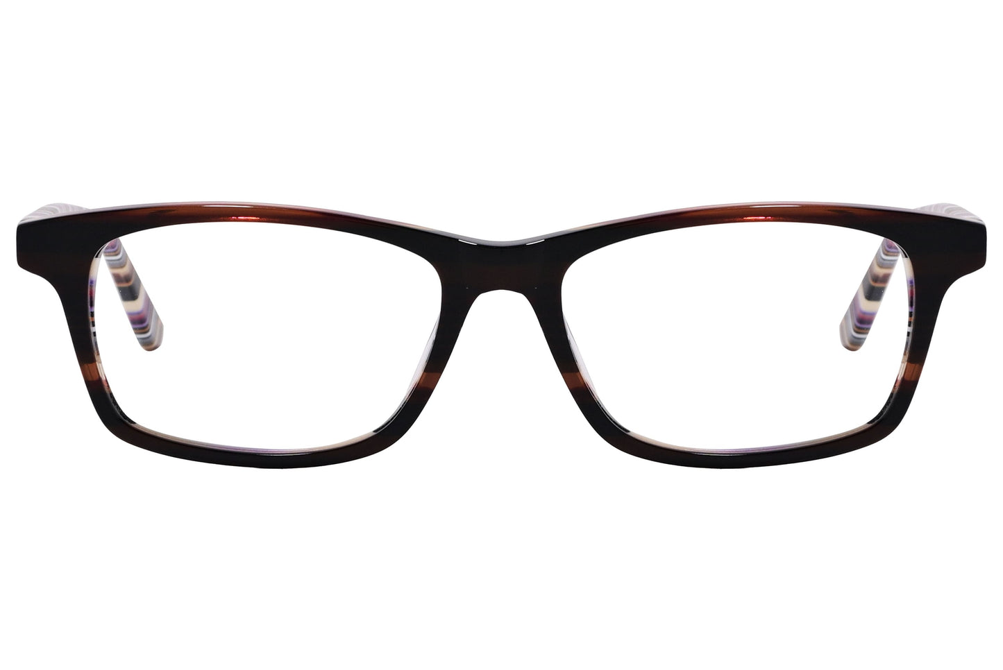 rectangle brown with stripes eyeglasses frame viewed from front angle.