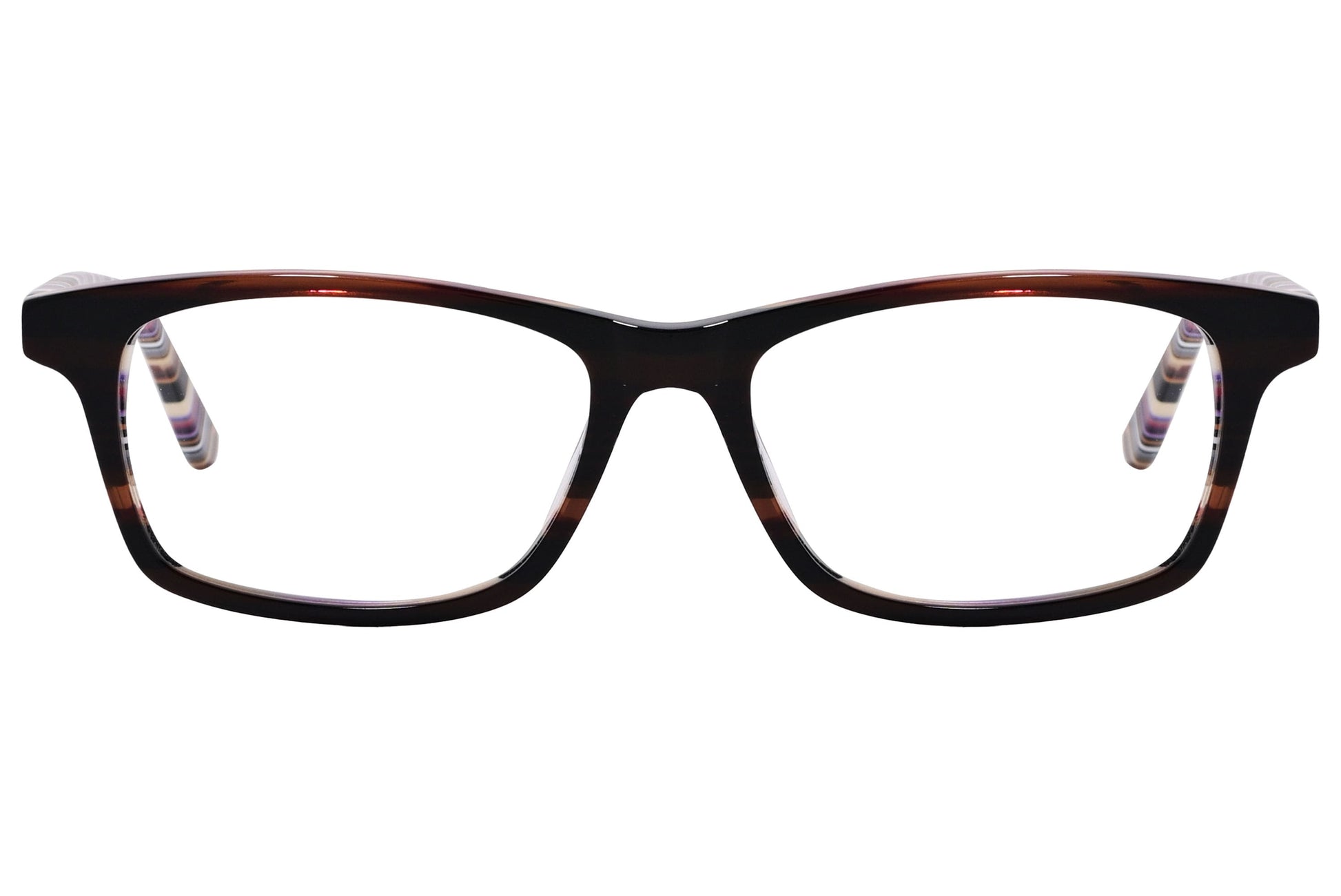 rectangle brown with stripes eyeglasses frame viewed from front angle.