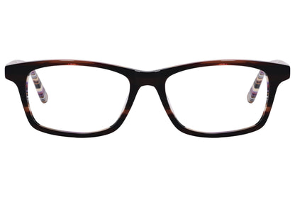 rectangle brown with stripes eyeglasses frame viewed from front angle.