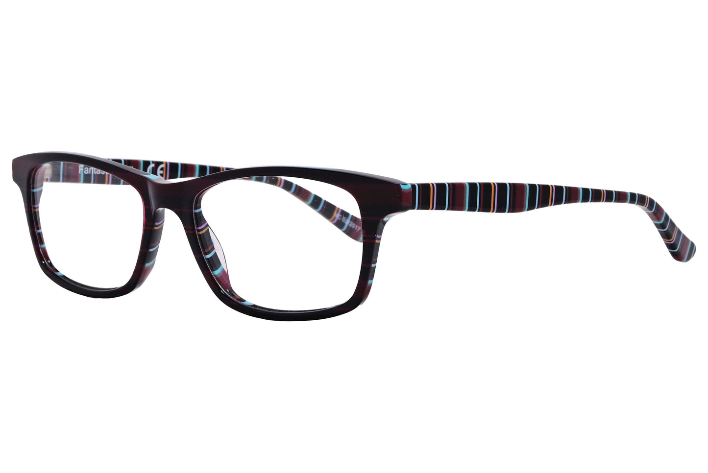 rectangle maroon with stripes eyeglasses frame viewed from a 45-degree angle.