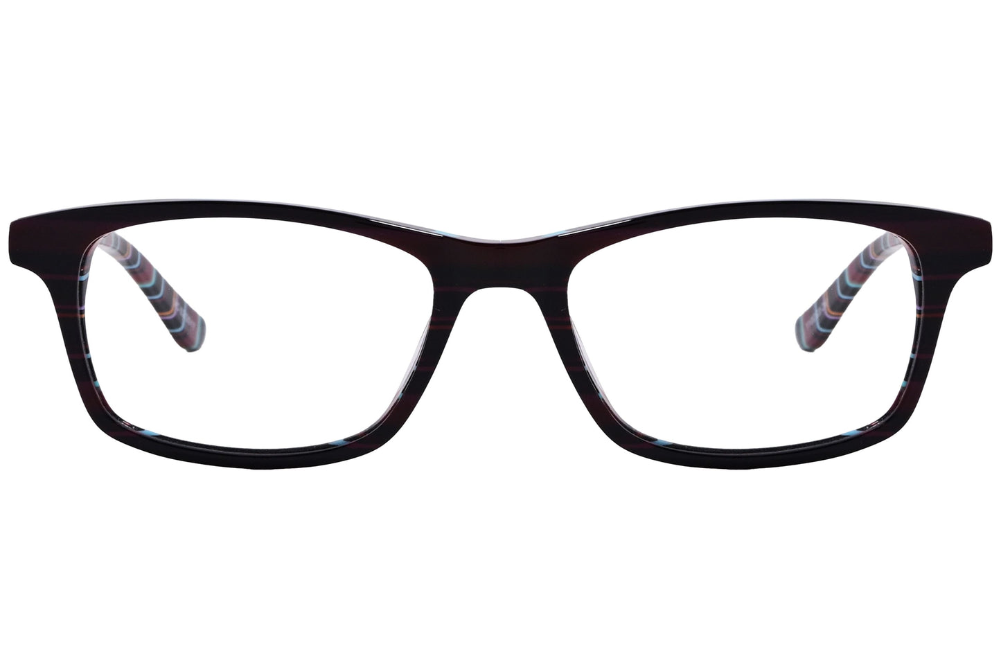 rectangle maroon with stripes eyeglasses frame viewed from front angle.