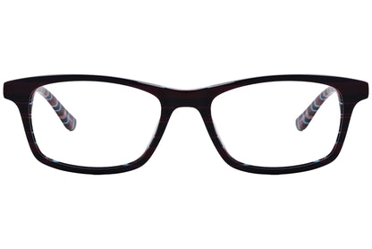 rectangle maroon with stripes eyeglasses frame viewed from front angle.