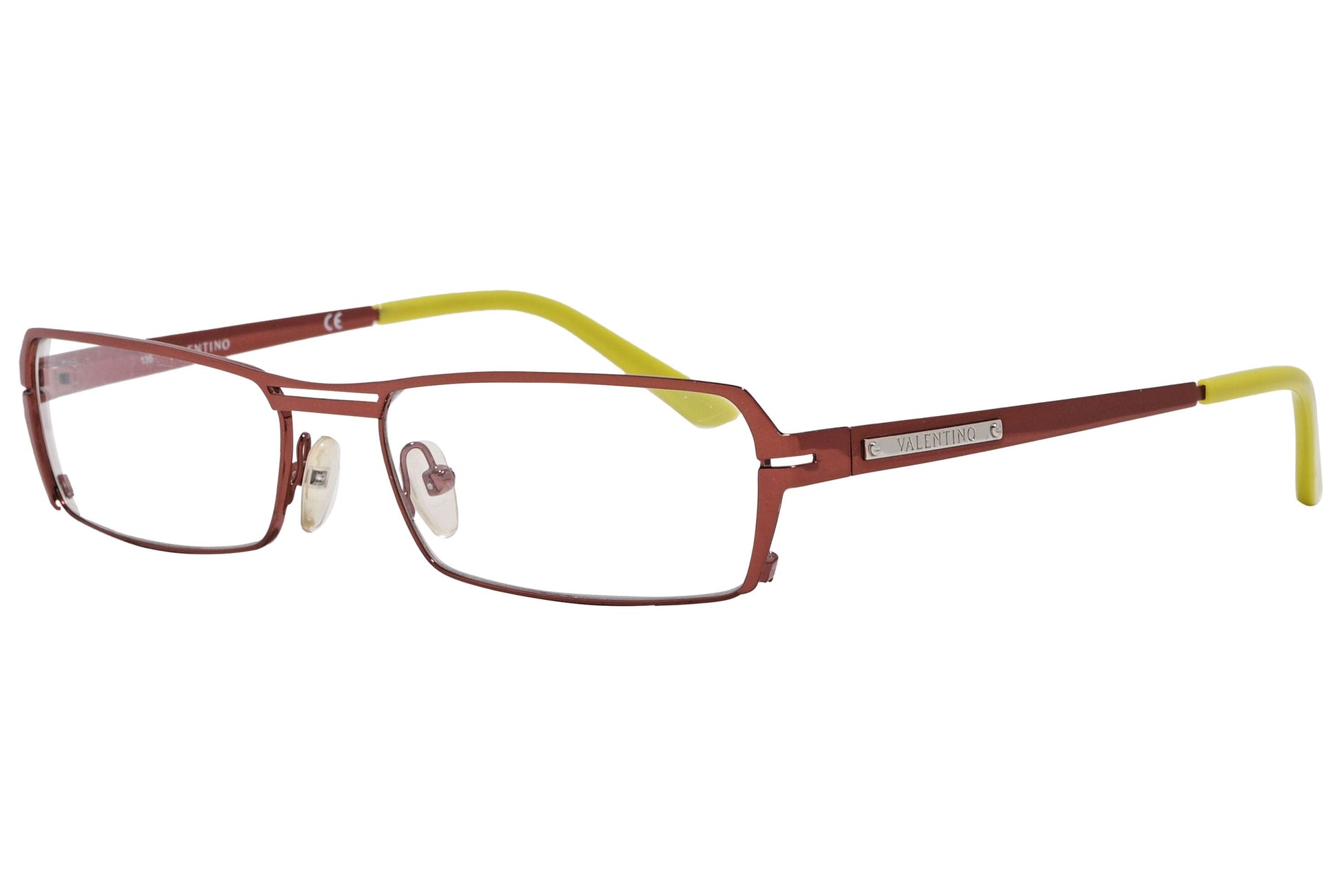 rectangle red with neon green eyeglasses frame viewed from a 45-degree angle.