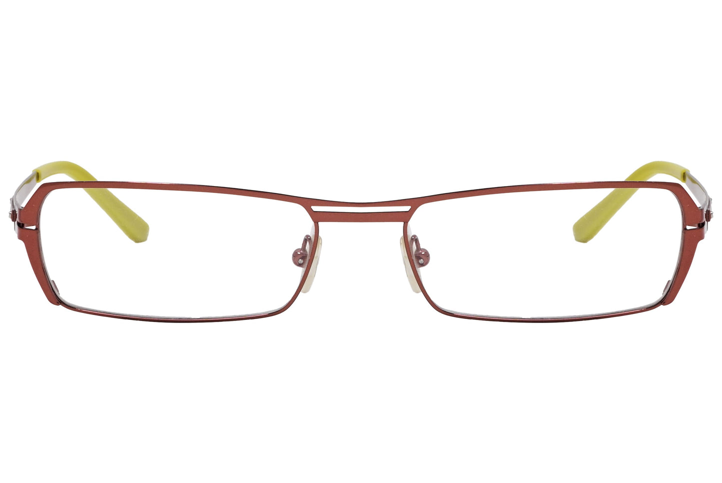 rectangle red with neon green eyeglasses frame viewed from front angle.