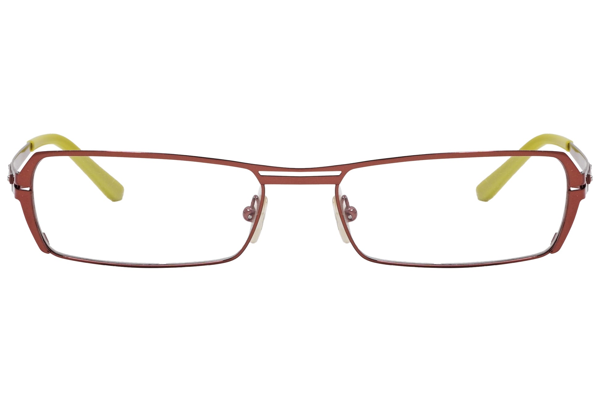 rectangle red with neon green eyeglasses frame viewed from front angle.