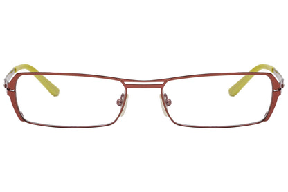 rectangle red with neon green eyeglasses frame viewed from front angle.