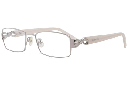 valentino rectangle silver eyeglasses frame viewed from a 45-degree angle.