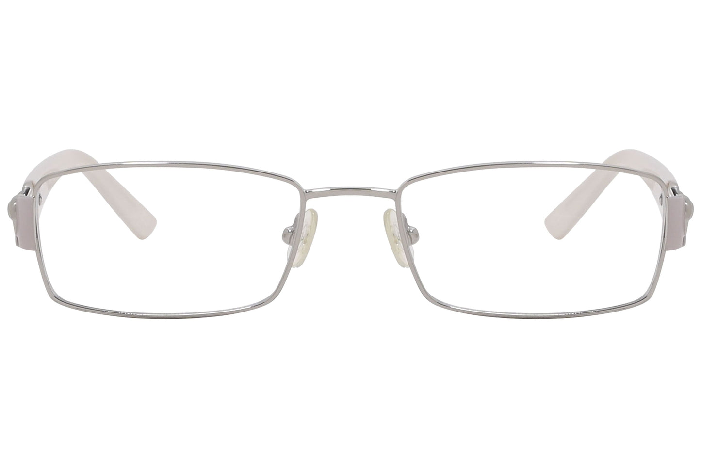 valentino rectangle silver eyeglasses frame viewed from front angle.