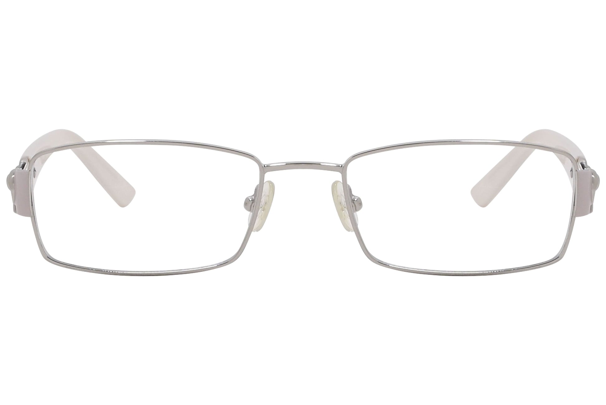 valentino rectangle silver eyeglasses frame viewed from front angle.