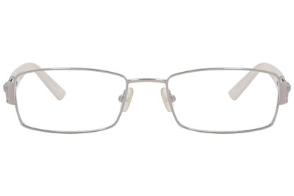 valentino rectangle silver eyeglasses frame viewed from front angle.