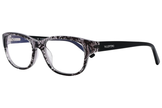 valentino wayfarer black eyeglasses frame viewed from a 45-degree angle.