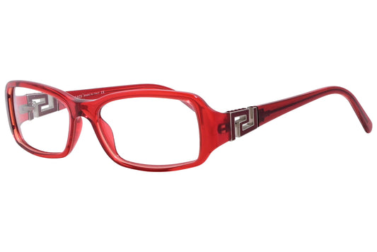 versace rectangle red eyeglasses frame viewed from a 45-degree angle.