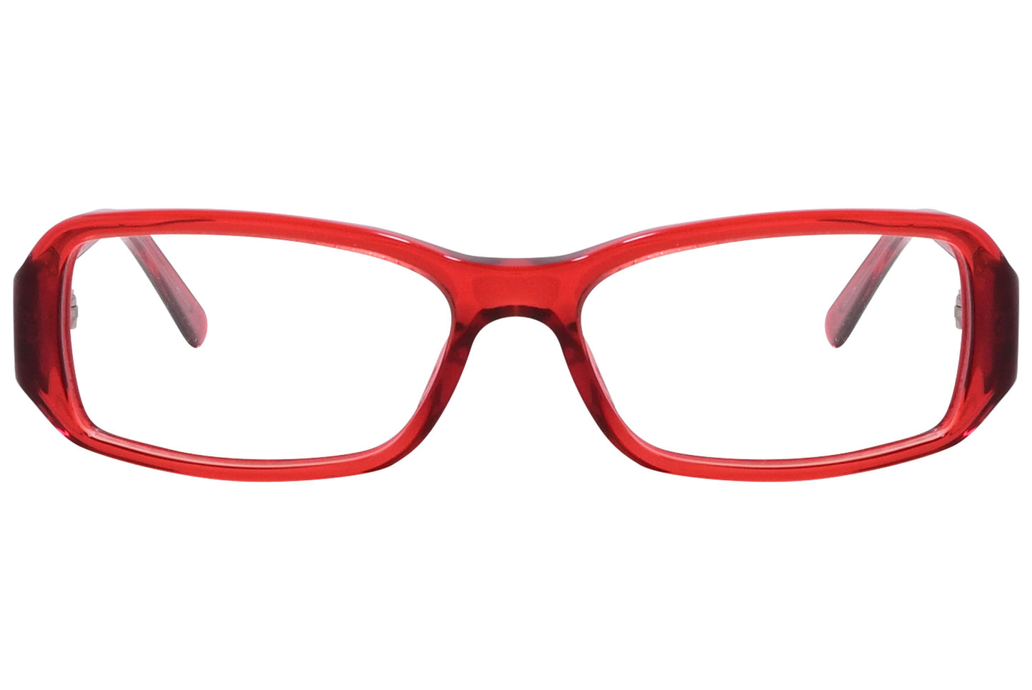 versace rectangle red eyeglasses frame viewed from front angle.