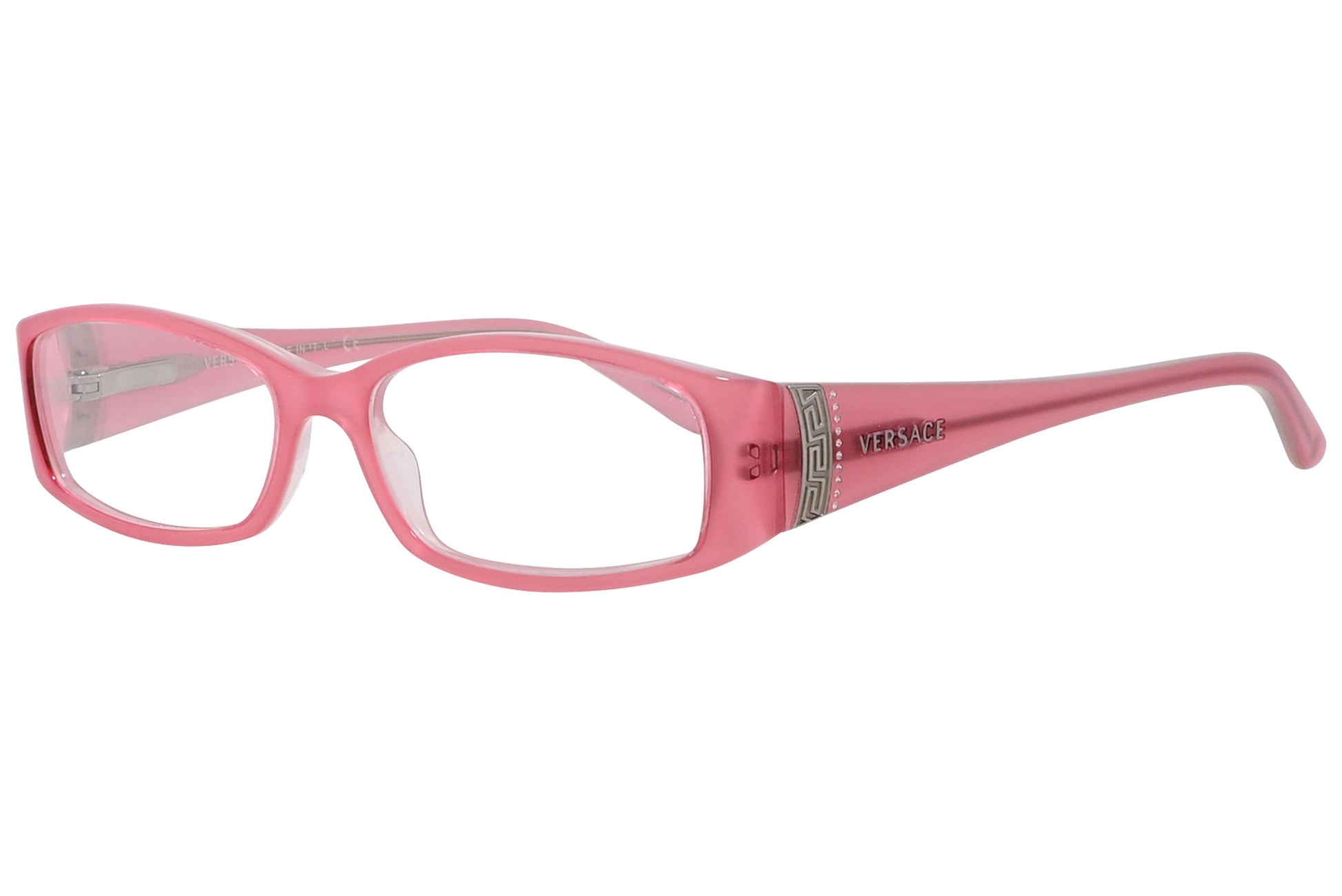 versace rectangle pink eyeglasses frame viewed from a 45-degree angle.