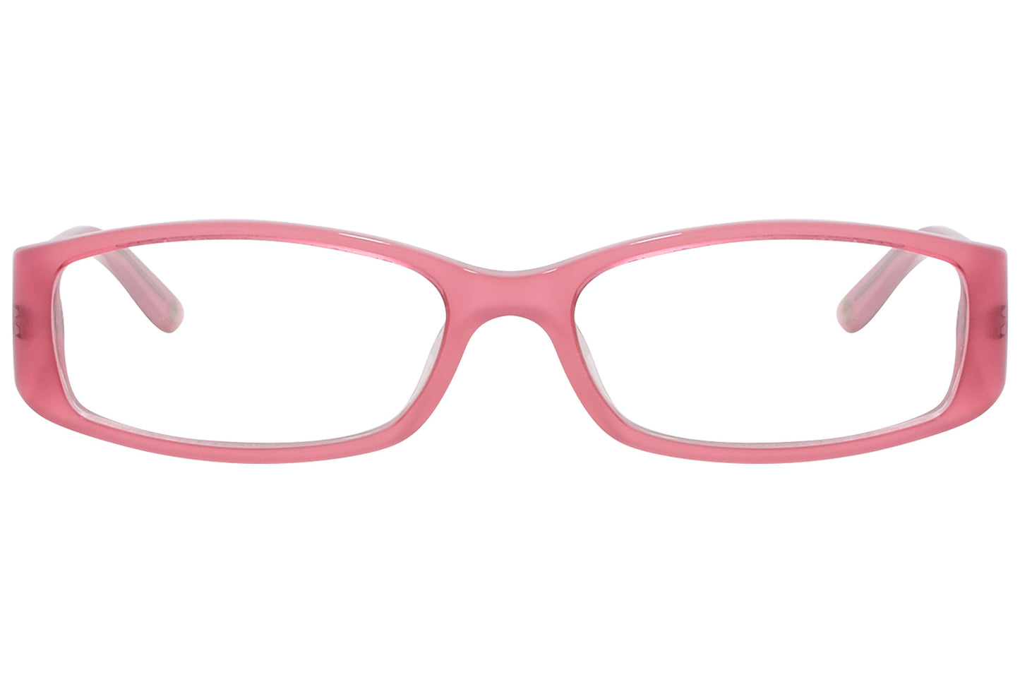 versace rectangle pink eyeglasses frame viewed from front angle.