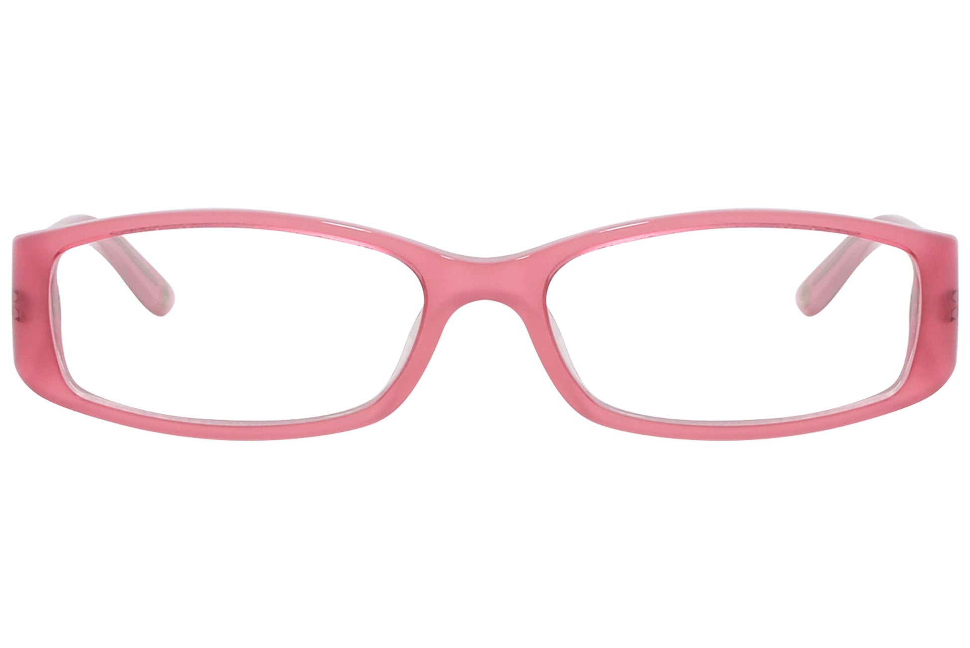 versace rectangle pink eyeglasses frame viewed from front angle.