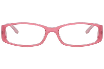 versace rectangle pink eyeglasses frame viewed from front angle.