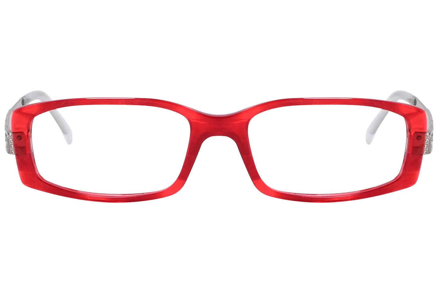 versace rectangle red eyeglasses frame viewed from front angle.