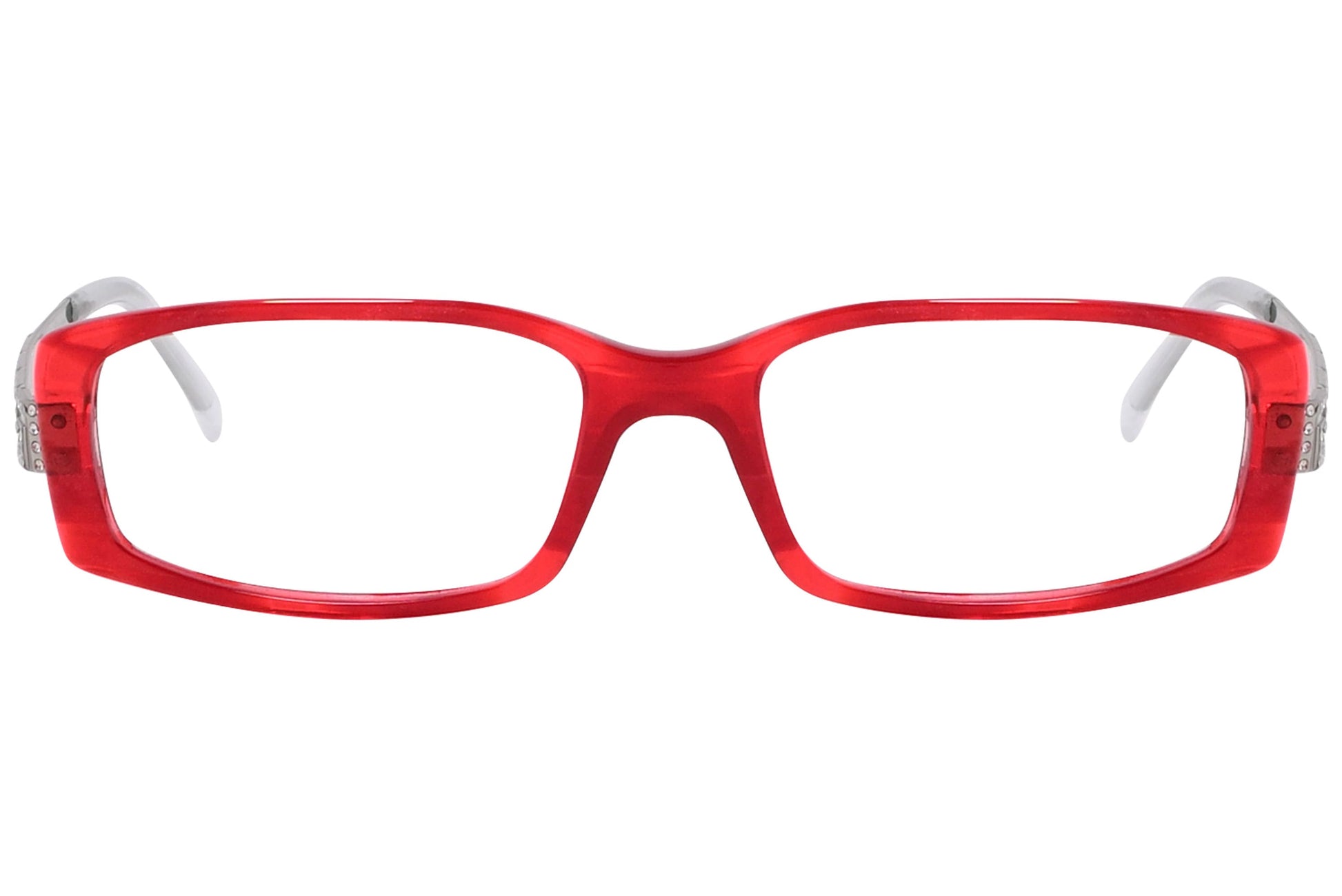 versace rectangle red eyeglasses frame viewed from front angle.