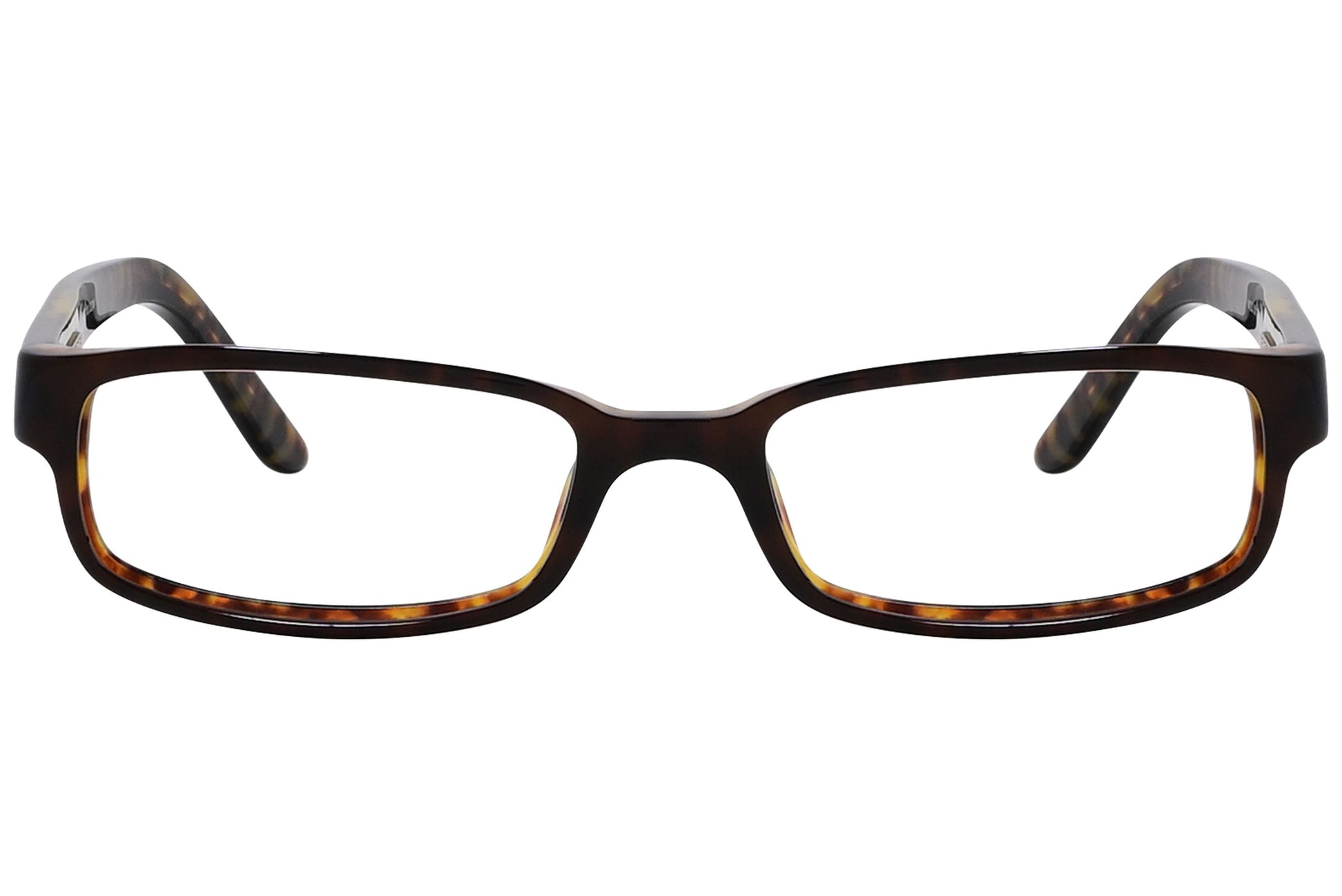 versace rectangle tortoise eyeglasses frame viewed from front angle.