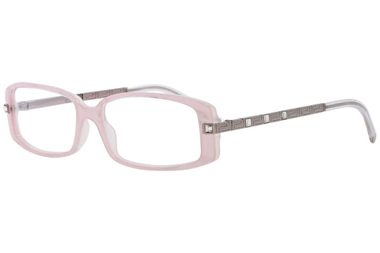 versace rectangle pink eyeglasses frame viewed from a 45-degree angle.