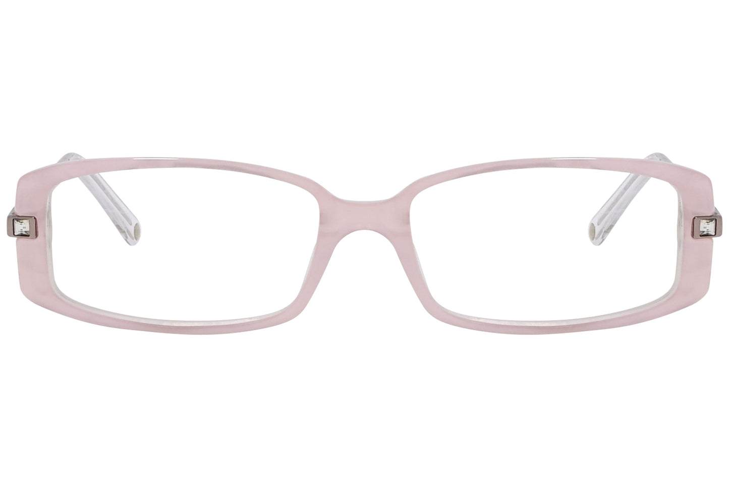 versace rectangle pink eyeglasses frame viewed from front angle.