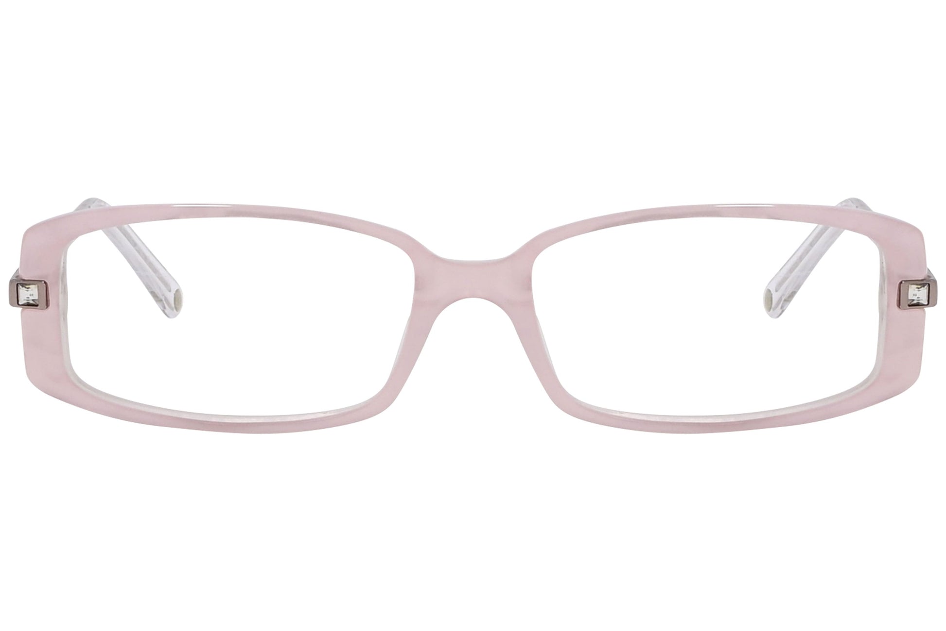 versace rectangle pink eyeglasses frame viewed from front angle.